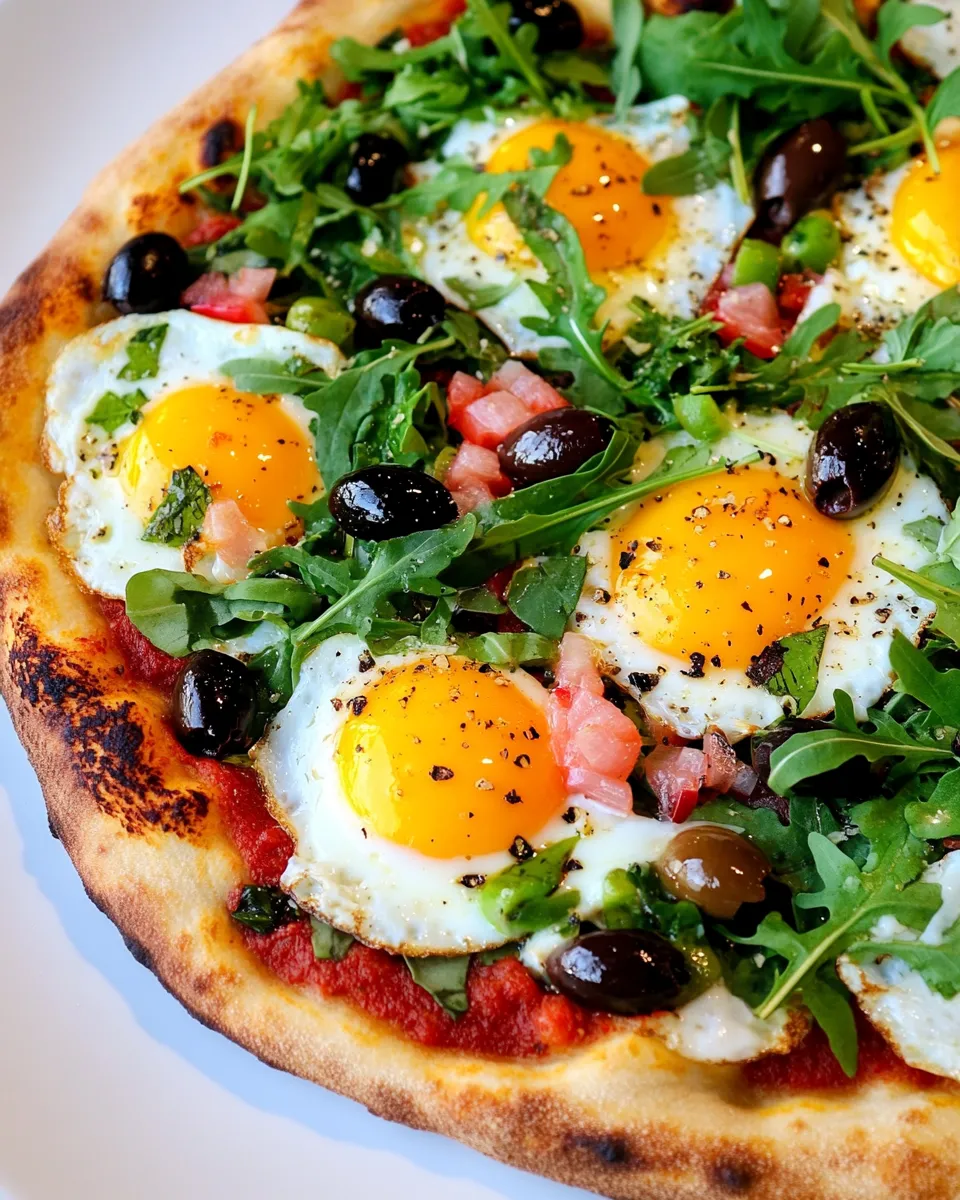 Easy Pizza with Eggs, Roasted Red Peppers, Olives and Arugula recipe photo