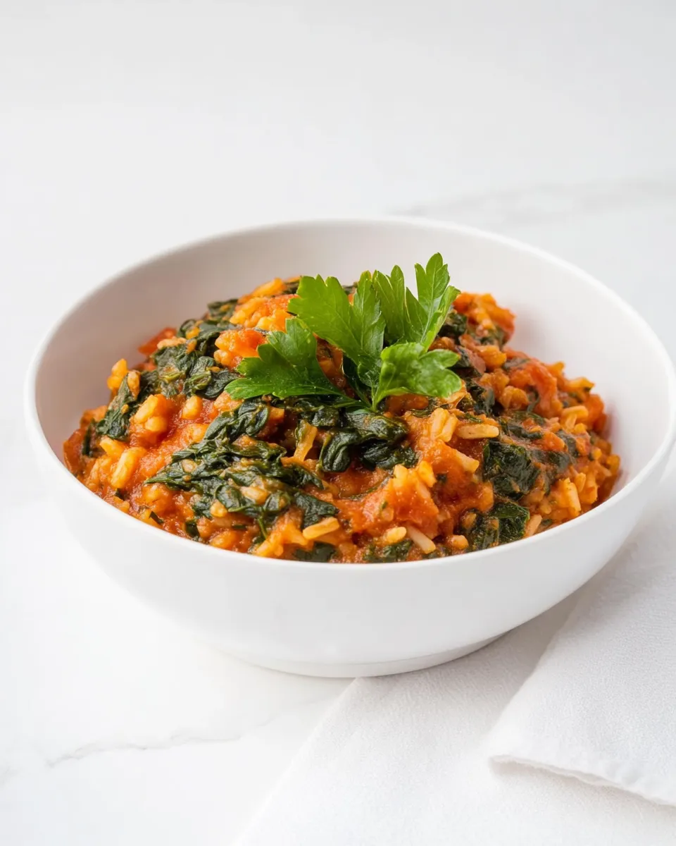 Delicious Red Spanakorizo: Greek Spinach and Rice with Tomatoes dish photo