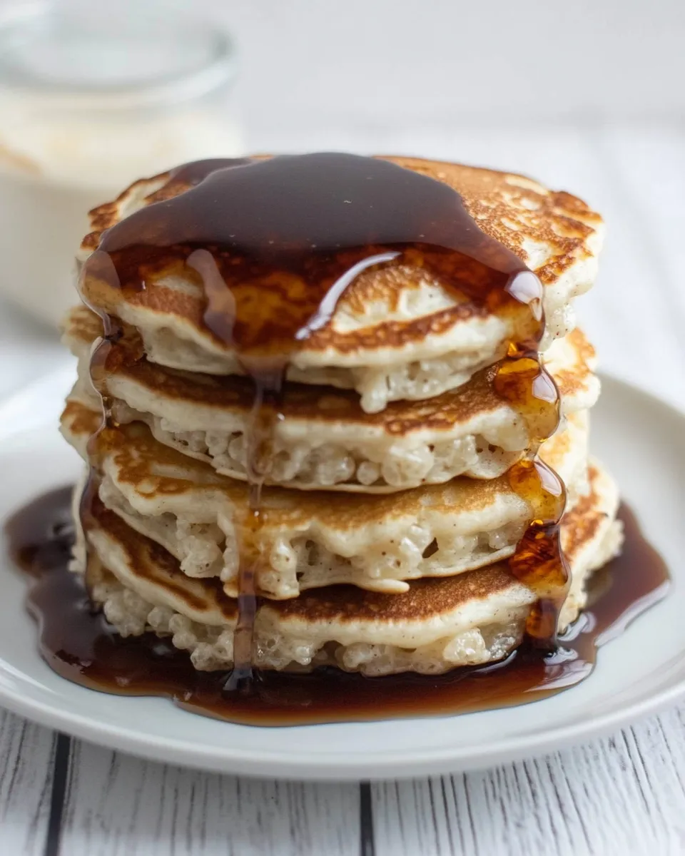 Classic Rice Krispie Treat Pancakes with Browned Butter Syrup. food shot