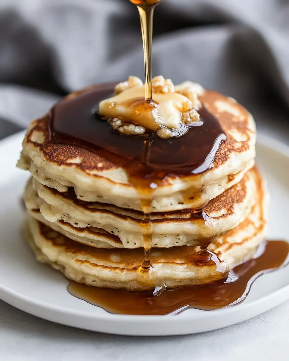 Easy Rice Krispie Treat Pancakes with Browned Butter Syrup. plate image