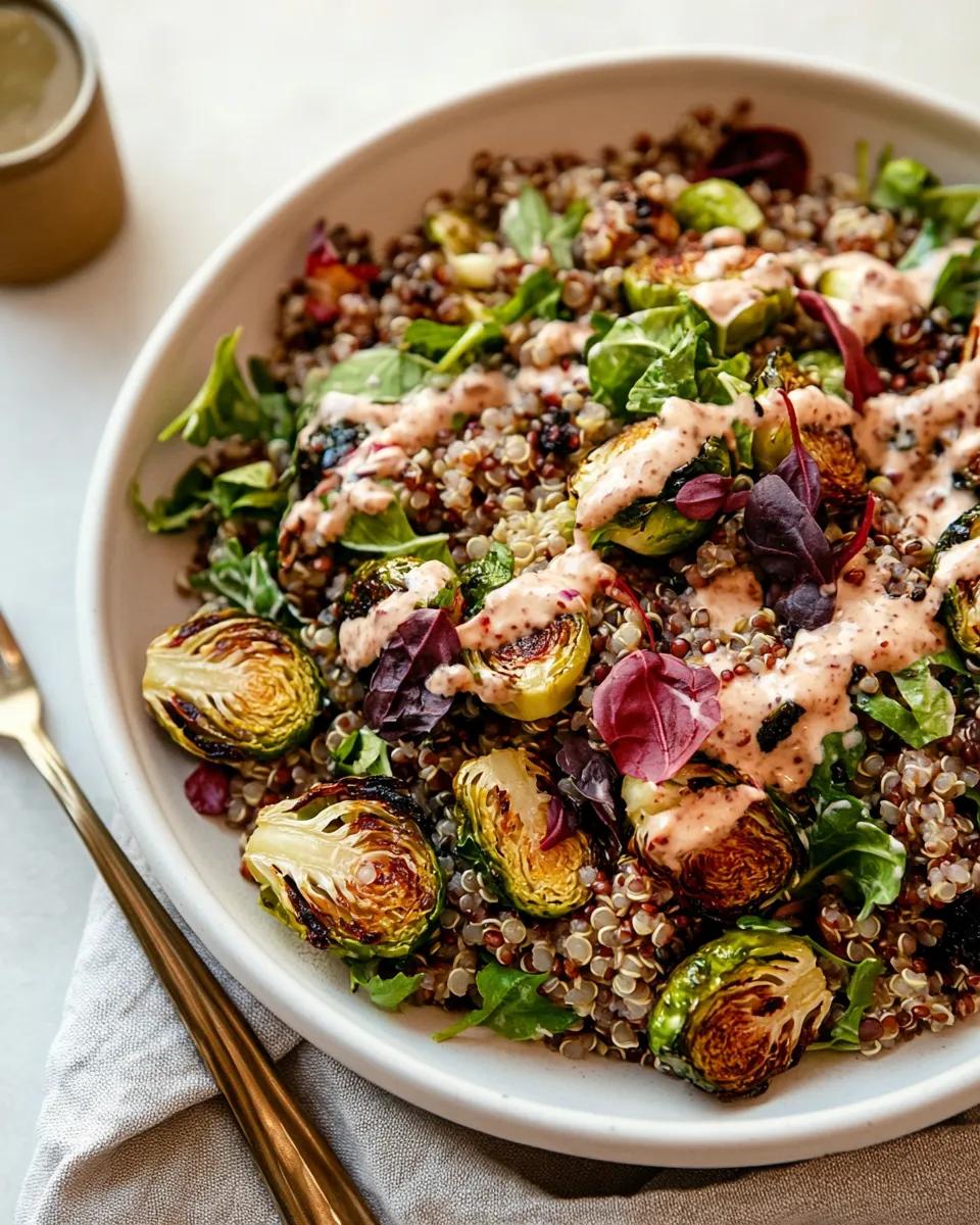 Homemade Roasted Brussels Sprouts, Quinoa & Lentil Salad with Spicy Caesar Dressing photo
