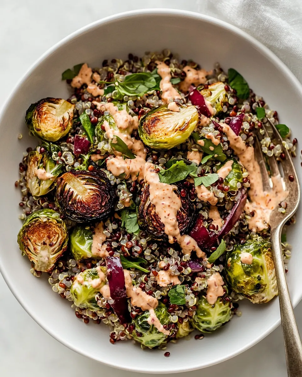 Easy Roasted Brussels Sprouts, Quinoa & Lentil Salad with Spicy Caesar Dressing recipe image
