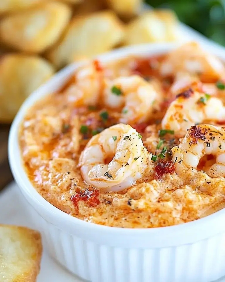 Delicious Roasted Red Pepper Shrimp Scampi Dip food shot