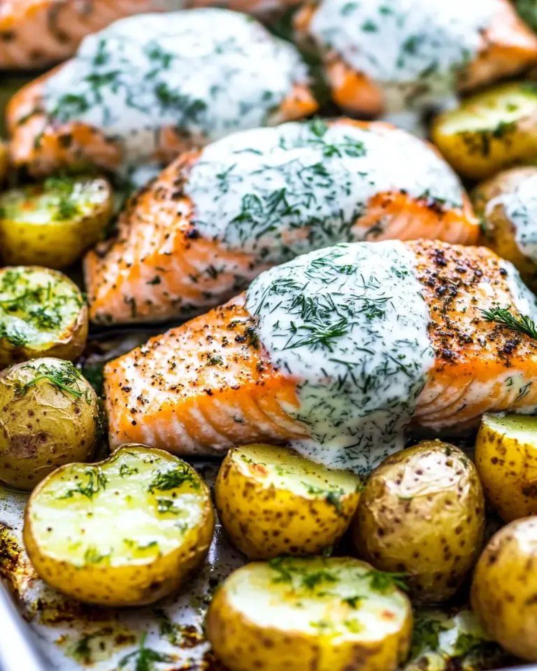 Easy Salmon with Dill Sauce and Roasted Baby Potatoes Sheet Pan Dinner photo