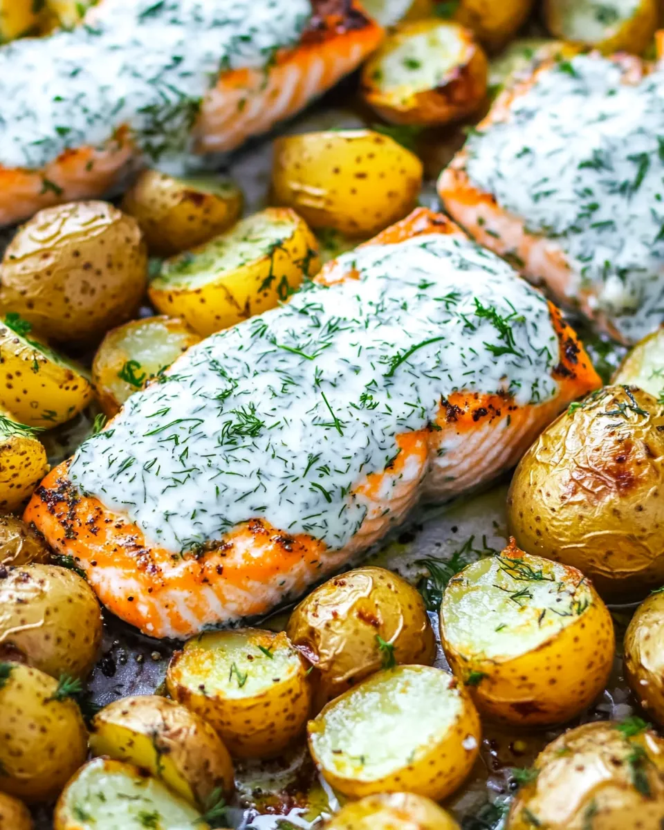 Delicious Salmon with Dill Sauce and Roasted Baby Potatoes Sheet Pan Dinner recipe image