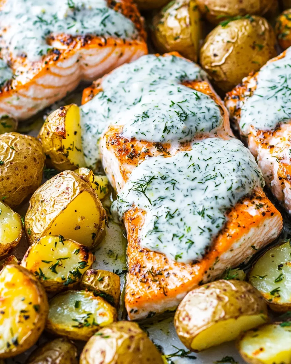 Healthy Salmon with Dill Sauce and Roasted Baby Potatoes Sheet Pan Dinner dish photo