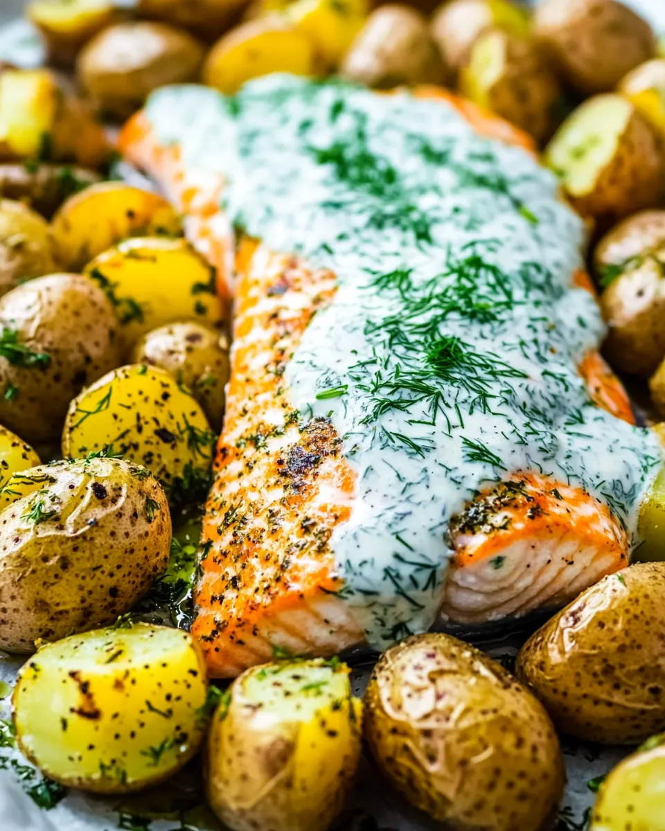 Classic Salmon with Dill Sauce and Roasted Baby Potatoes Sheet Pan Dinner picture