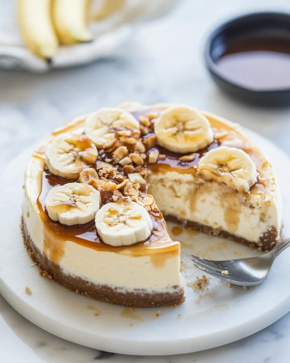 Delicious Salted Caramel Banana Cheesecake food shot
