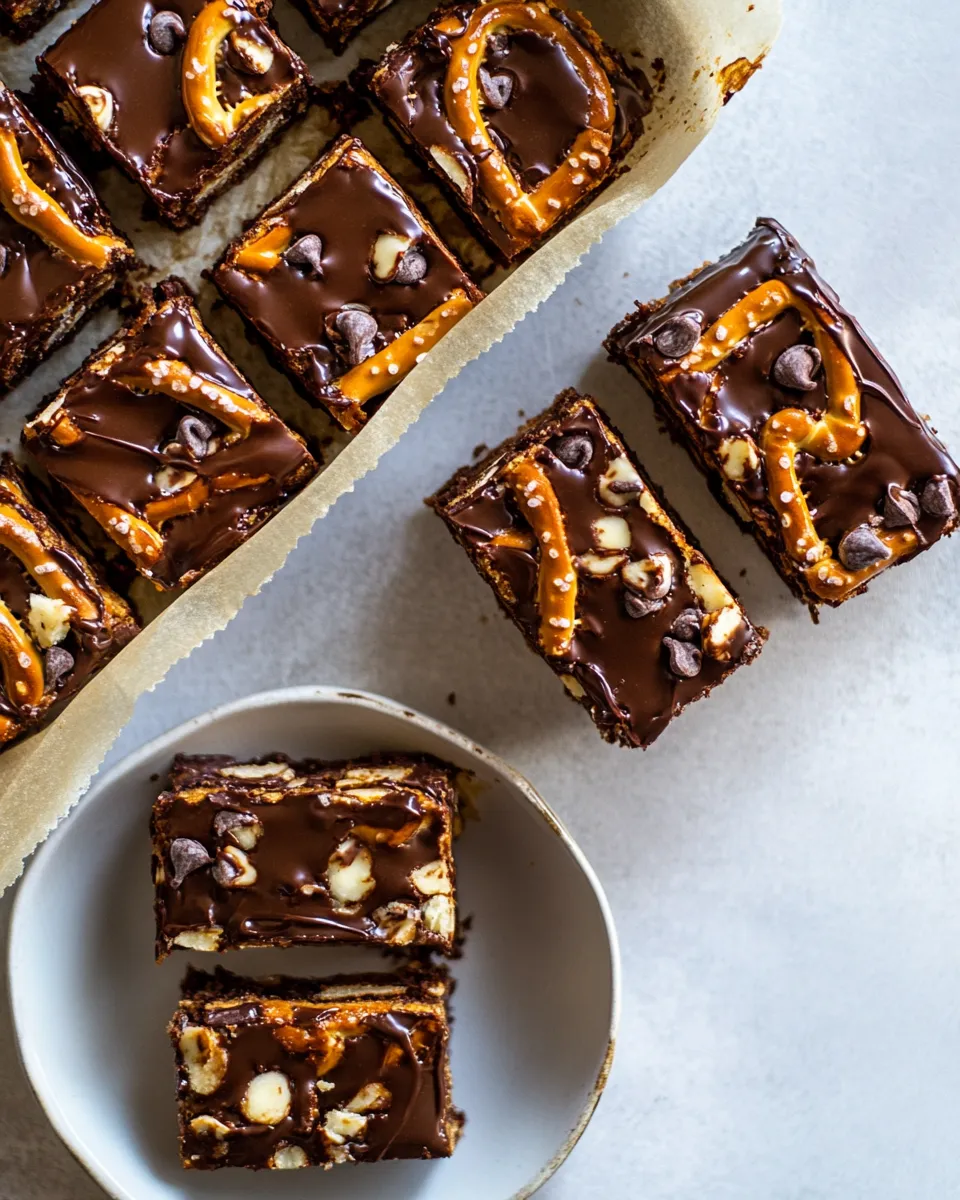 Homemade Salted Pretzel Chocolate Chip Cookie Snickers Bars. recipe photo