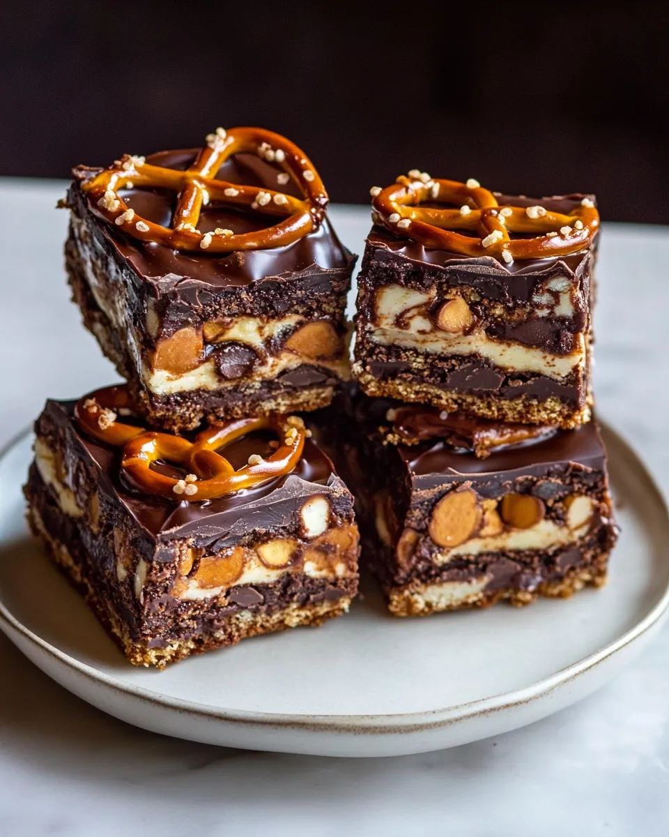 Classic Salted Pretzel Chocolate Chip Cookie Snickers Bars. food shot