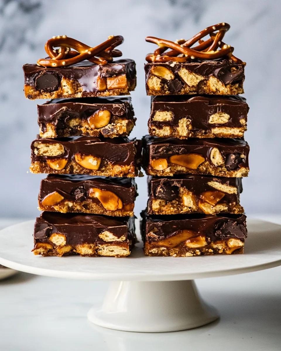 Easy Salted Pretzel Chocolate Chip Cookie Snickers Bars. dish photo