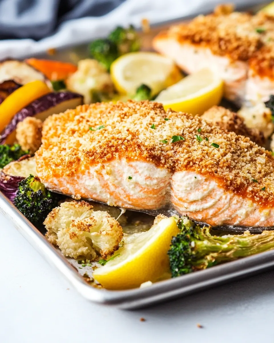 Easy Sheet Pan Lemon Parmesan Crusted Salmon and Vegetables food shot