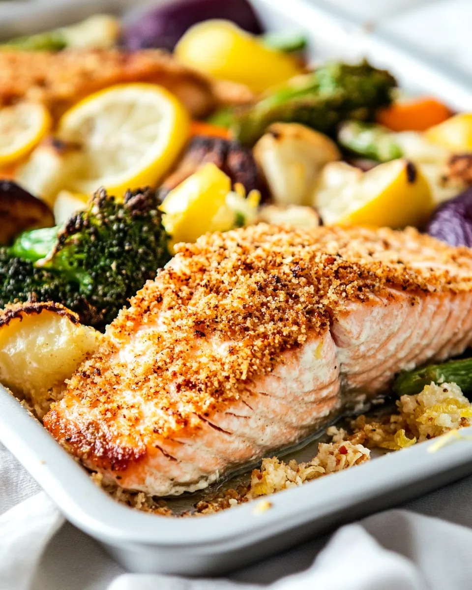 Classic Sheet Pan Lemon Parmesan Crusted Salmon and Vegetables image