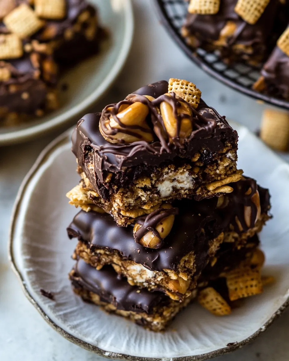 Easy Snickerdoodle Peanut Butter Chocolate Chex Mix Bars. food shot