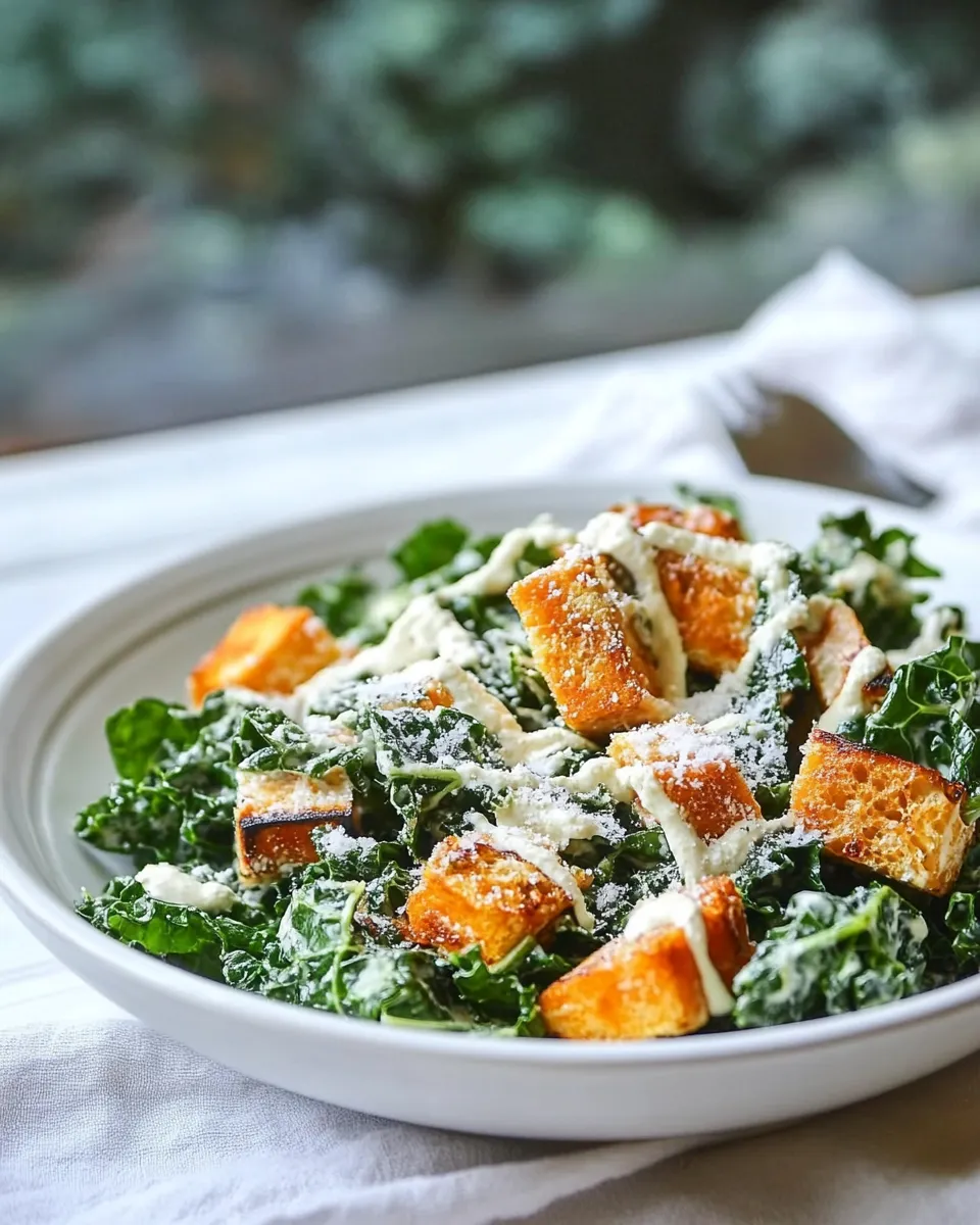 Delicious Spicy Kale Caesar Salad with Roasted Garlic food shot