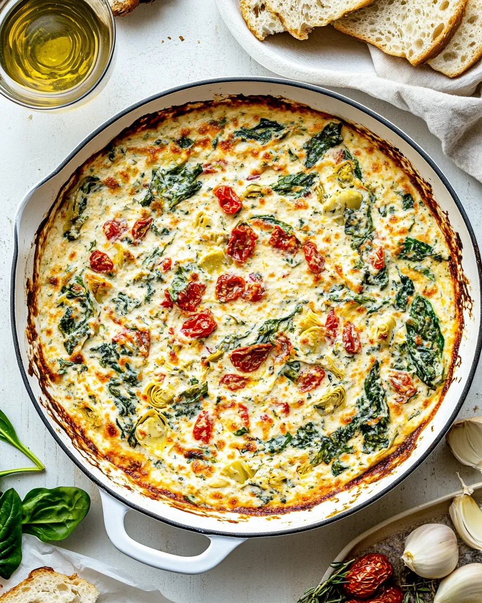 Delicious Spinach Artichoke Sun-Dried Tomato Dip dish photo