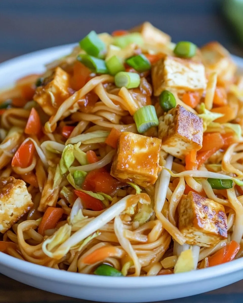 Delicious Sriracha Noodles with Tofu food shot