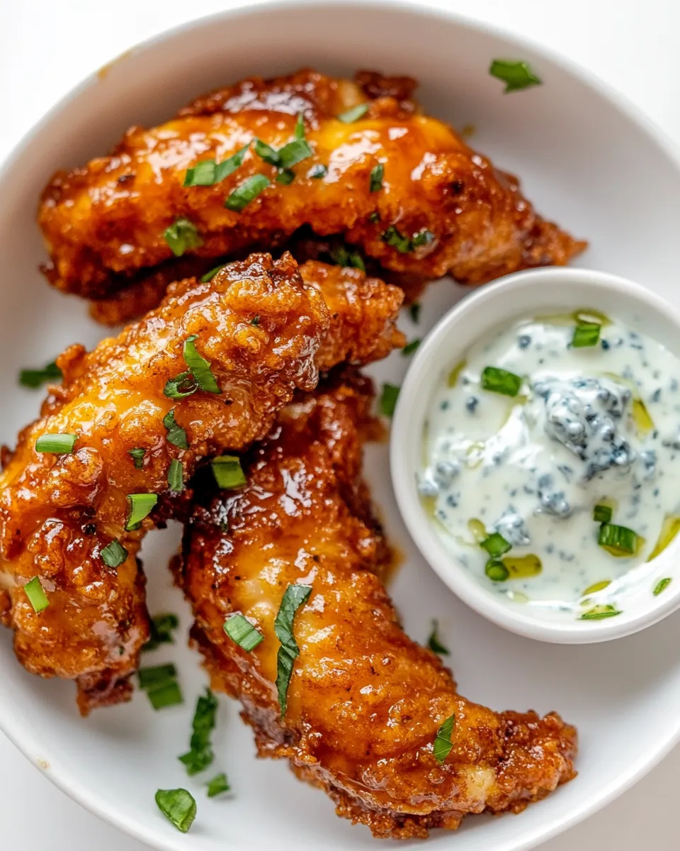 Homemade Sticky Chicken Fingers with Yogurt Blue Cheese Sauce. recipe photo
