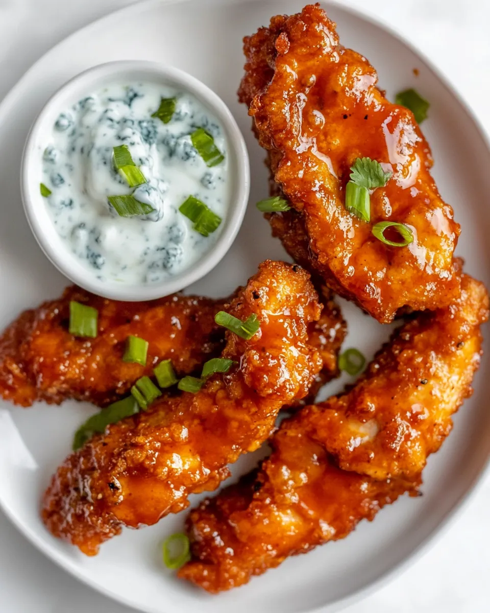 Classic Sticky Chicken Fingers with Yogurt Blue Cheese Sauce. dish photo