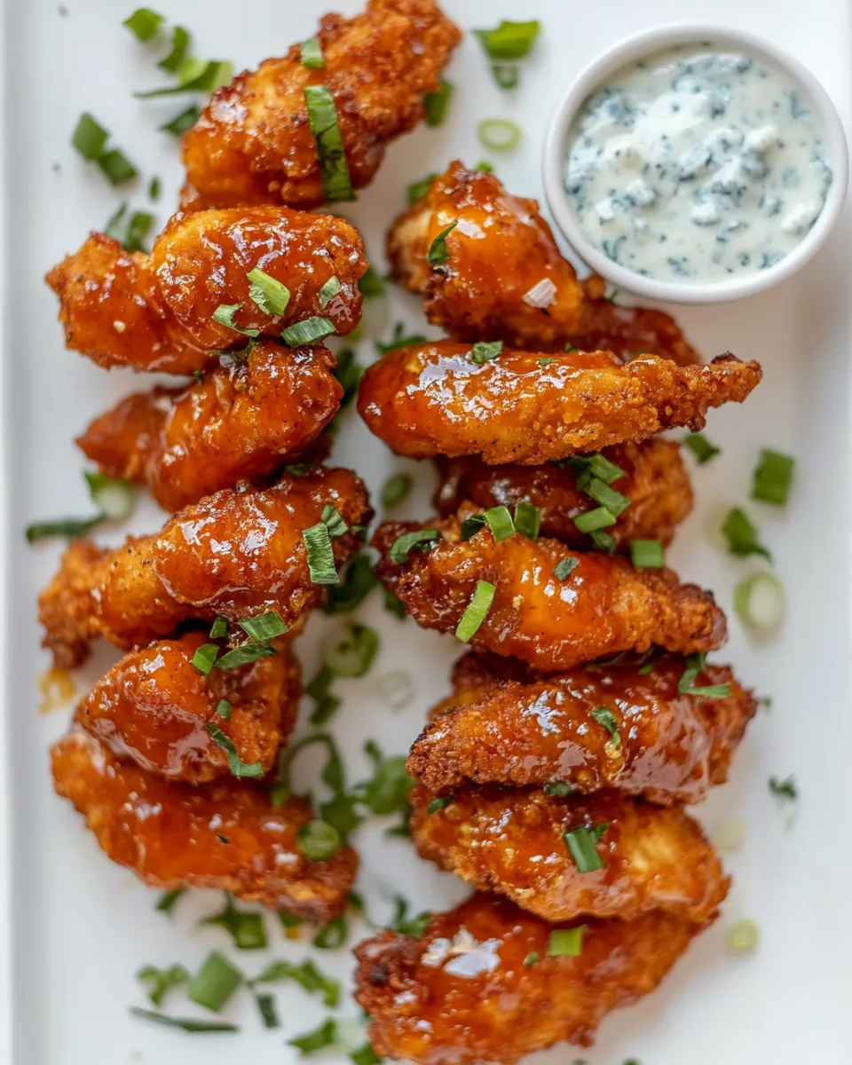 Easy Sticky Chicken Fingers with Yogurt Blue Cheese Sauce. food shot