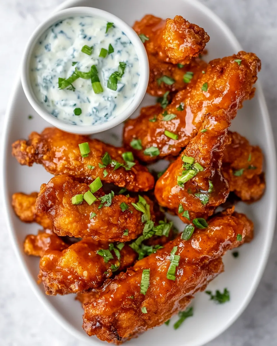 Delicious Sticky Chicken Fingers with Yogurt Blue Cheese Sauce. picture