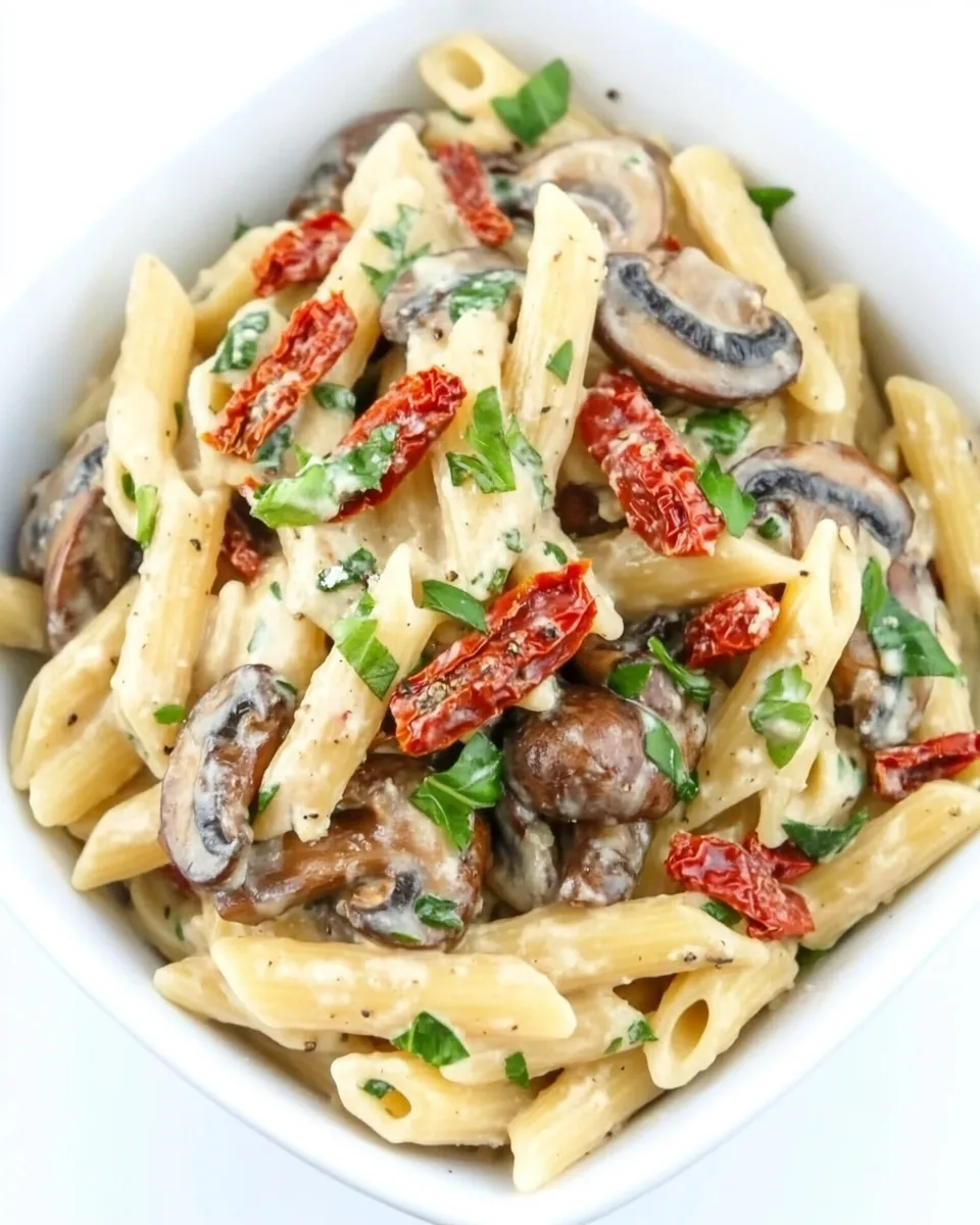 Delicious Vegan Creamy Mushroom Pasta with Sun-Dried Tomato dish photo