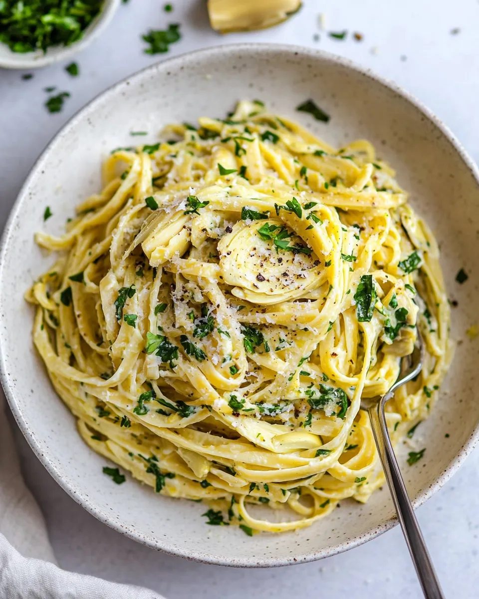 Delicious Weeknight Pasta with Artichoke Sauce. plate image