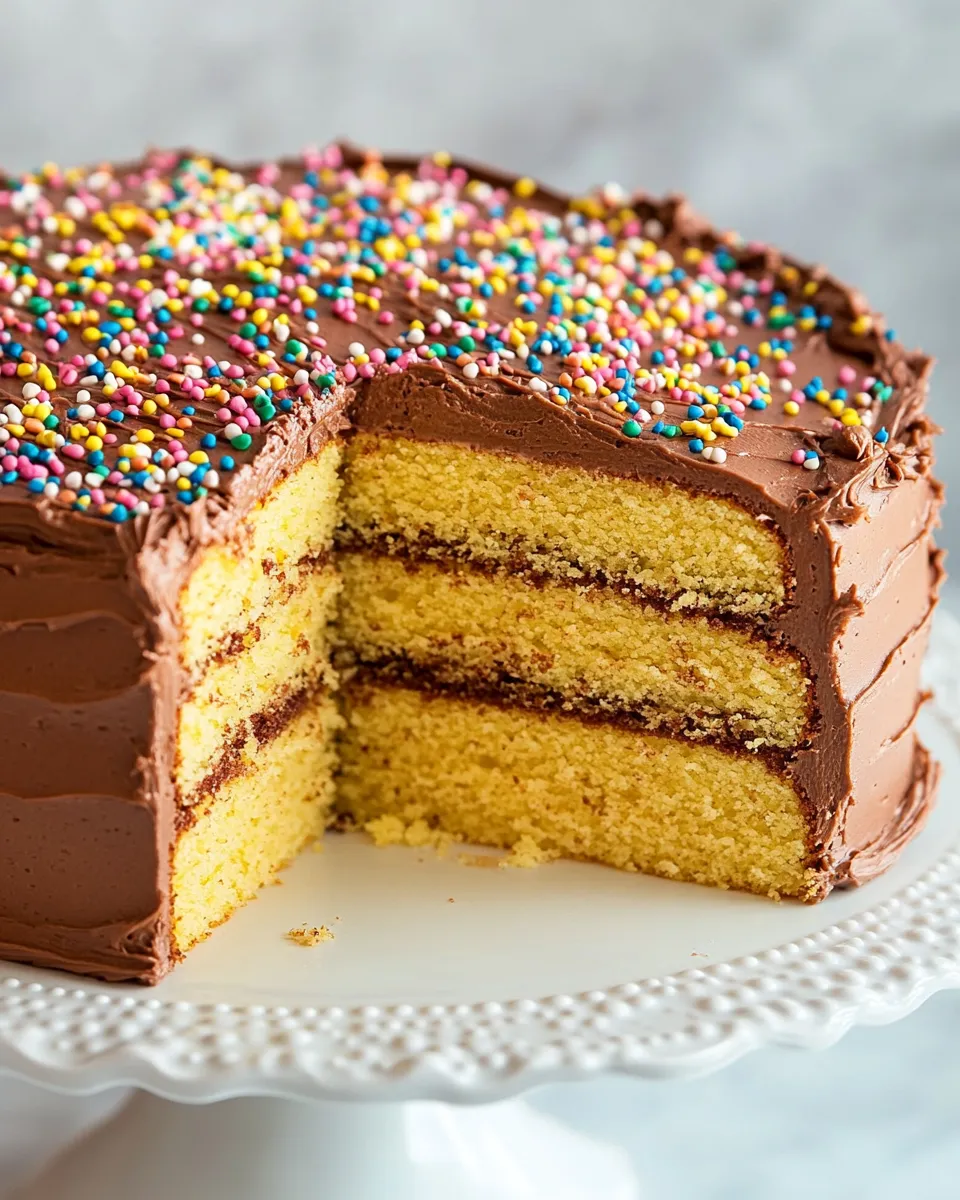 Easy Yellow Cake with Chocolate Buttercream Frosting food shot
